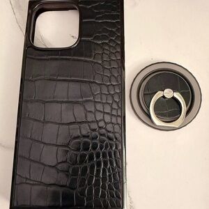 iPhone 16 Pro Max MagSafe Black Crocodile Pattern Phone Case with Ring Holder
